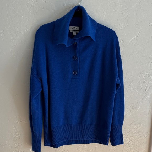 COS 100% Cashmere Royal Blue Knit Pullover Sweater with Button T-neck - Picture 1 of 12